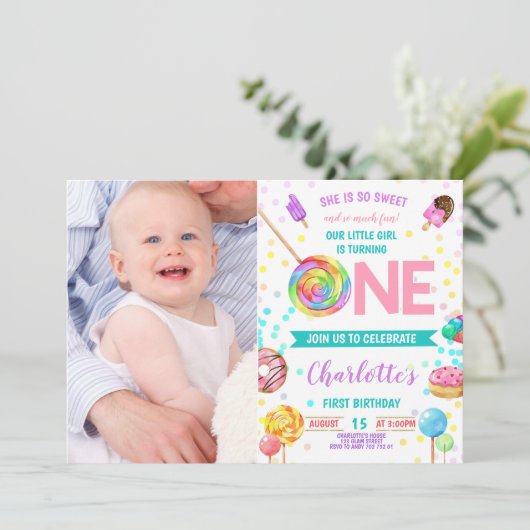 スウィートとおもしろいキャンディランド甘い女の子1st誕生日 招待状 (スタンド正面)