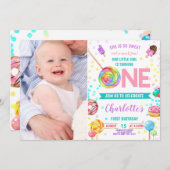 スウィートとおもしろいキャンディランド甘い女の子1st誕生日 招待状 (正面/裏面)