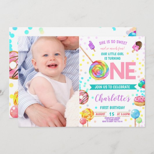 スウィートとおもしろいキャンディランド甘い女の子1st誕生日 招待状 (正面/裏面)