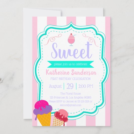 スウィートアイスクリームベビー振りかけキャンディーショップ誕生日 招待状 (正面)