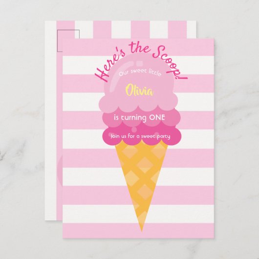 スウィートアイスクリーム1st誕生日パーティーピンクホワイト ポストカード (正面/裏面)
