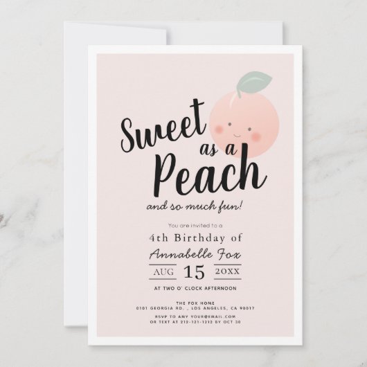 スウィートアザピーチキュートかわいいガール誕生日 招待状 (正面)
