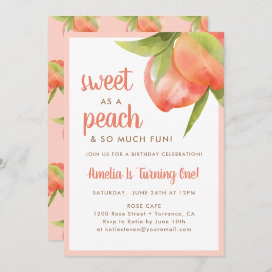 スウィートアズアピーチ1st誕生日パーティの招待状 招待状 (正面/裏面)