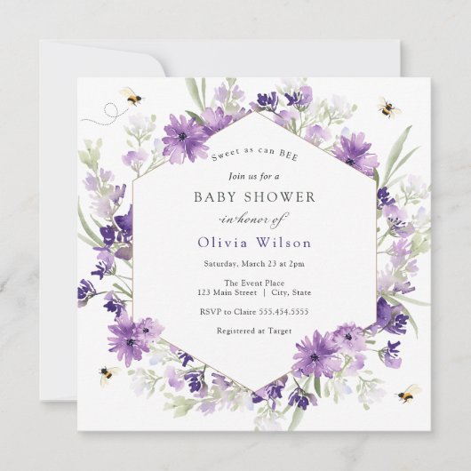 スウィートアズビーラベンダーベビーシャワー招待状 招待状 (正面)