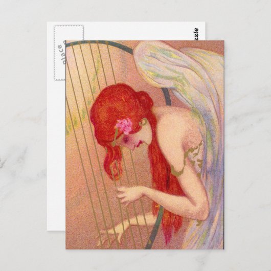 スウィートアンティーク赤頭エンジェルオンザハープ葉書 ポストカード (正面/裏面)
