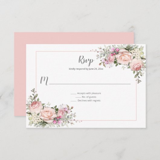 スウィートアートバラピンクフレームフローラ | 出欠カード (正面/裏面)