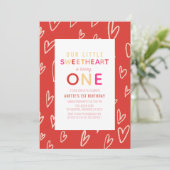 スウィートアート赤いハートバレンタインデー1st誕生日 招待状 (スタンド正面)