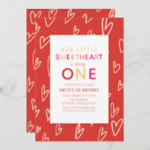 スウィートアート赤いハートバレンタインデー1st誕生日 招待状 (正面/裏面)