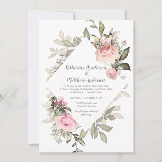 スウィートアート赤面ピンクローズダイヤモンドシェイプフレーム 招待状 (正面)