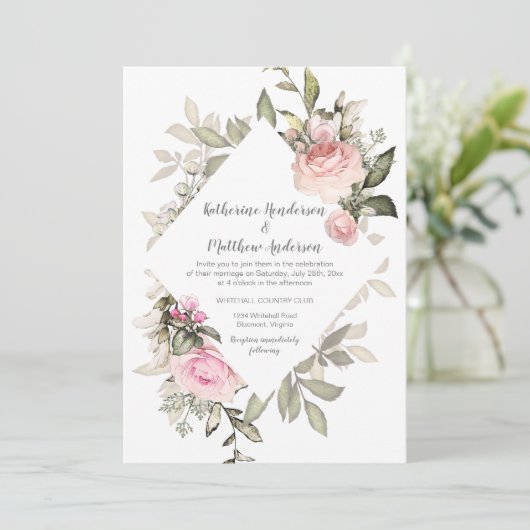 スウィートアート赤面ピンクローズダイヤモンドシェイプフレーム 招待状 (スタンド正面)