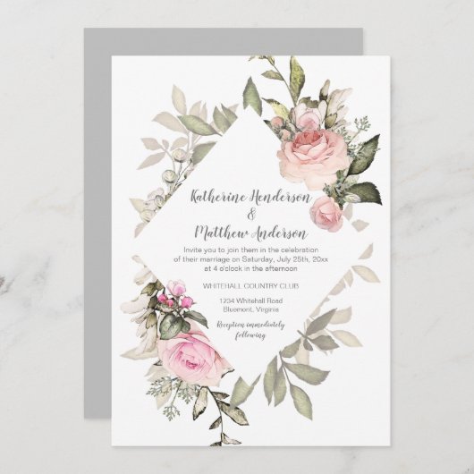 スウィートアート赤面ピンクローズダイヤモンドシェイプフレーム 招待状 (正面/裏面)