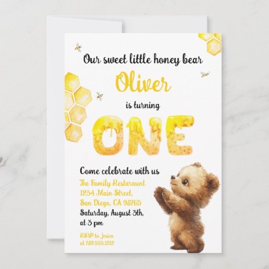 スウィートイエローファースト誕生日ハニーベア 招待状 (正面)