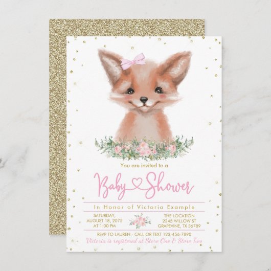 スウィートウォーターの女の子キツネベビーシャワー 招待状 (正面/裏面)