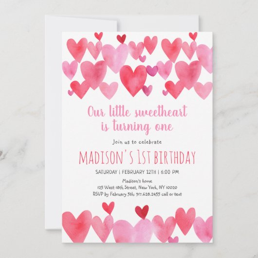 スウィートウォーターカラーハートファースト誕生日 招待状 (正面)