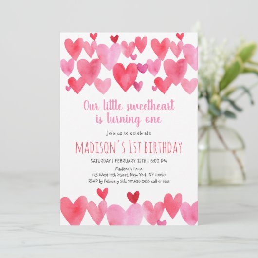 スウィートウォーターカラーハートファースト誕生日 招待状 (スタンド正面)
