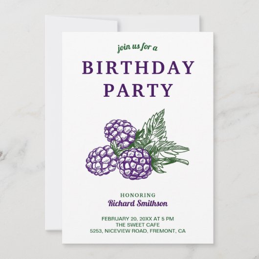 スウィートエレガントブラックベリー誕生日パーティー 招待状 (正面)
