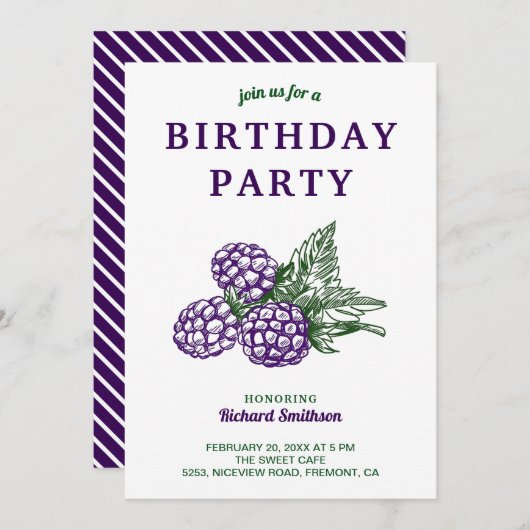 スウィートエレガントブラックベリー誕生日パーティー 招待状 (正面/裏面)