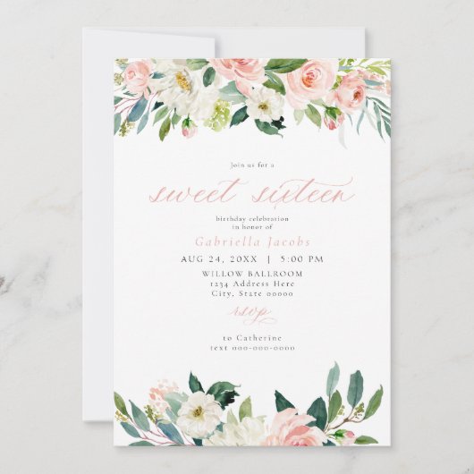 スウィートエレガント赤面ピンクフローラスウィート16誕生日 招待状 (正面)