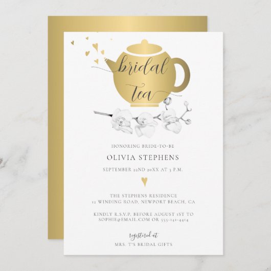 スウィートエレガント金ゴールドハートオーキッドフローラブライダルティー 招待状 (正面/裏面)