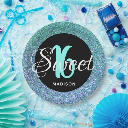 スウィートエレガント16アクアブルーグリッターパーソナライズされた ペーパープレート (パーティー)