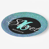 スウィートエレガント16アクアブルーグリッターパーソナライズされた ペーパープレート (アングル)