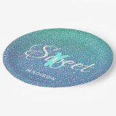 スウィートエレガント16ティール（緑がかった色）ブルーグリッターパーソナライズされた ペーパープレート (アングル)