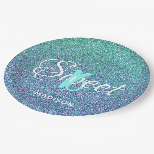 スウィートエレガント16ティール（緑がかった色）ブルーグリッターパーソナライズされた ペーパープレート (アングル)