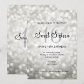 スウィートエレガント16誕生日シルバーグリッターライト 招待状 (正面/裏面)