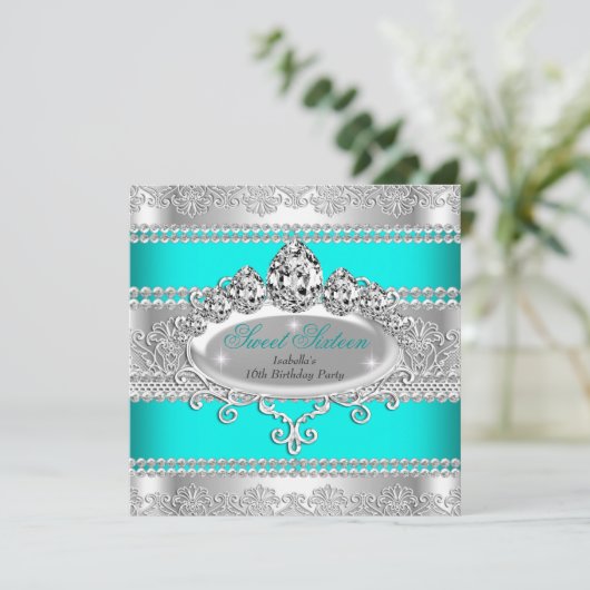 スウィートエレガント16誕生日プリンセスティール(緑がかった色)ブルーティアラ 招待状 (スタンド正面)