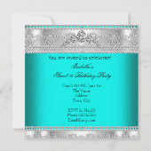 スウィートエレガント16誕生日プリンセスティール（緑がかった色）ブルーティアラ 招待状 (裏面)