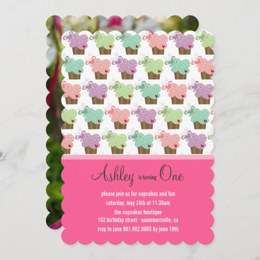 スウィートカップケーキチョーズガールお洒落誕生日 招待状 (正面/裏面)