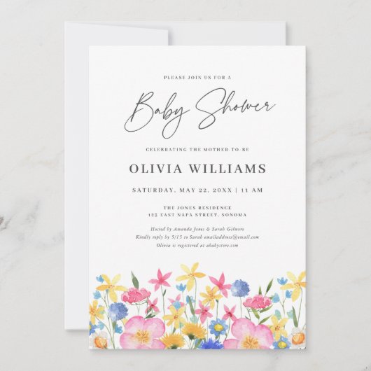 スウィートカラフルワイルドフラワーフローラベビーシャワー 招待状 (正面)