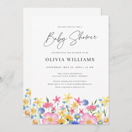 スウィートカラフルワイルドフラワーフローラベビーシャワー 招待状 (正面/裏面)