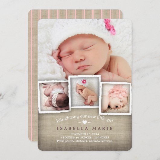 スウィートカントリーBurlapベビーガール誕生のお知らせ 案内状 (正面/裏面)