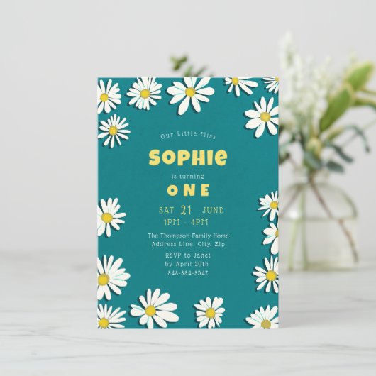 スウィートガーリーデイジーイエローティール（緑がかった色）ファースト誕生日 招待状 (スタンド正面)