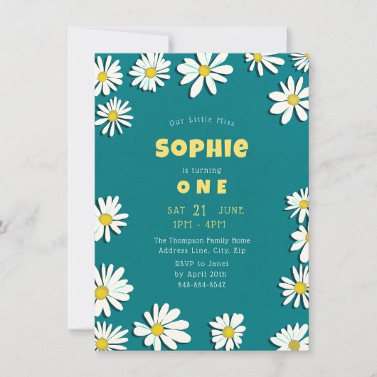 スウィートガーリーデイジーイエローティール(緑がかった色)ファースト誕生日 招待状 (正面)