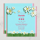 スウィートガーリーデイジーズフィールドピンクグリーンティール(緑がかった色)誕生日 招待状 (正面/裏面)