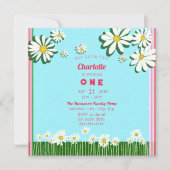スウィートガーリーデイジーズフィールドピンクグリーンティール(緑がかった色)誕生日 招待状 (正面)