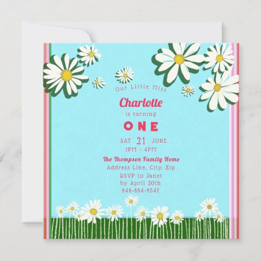 スウィートガーリーデイジーズフィールドピンクグリーンティール（緑がかった色）誕生日 招待状 (正面)