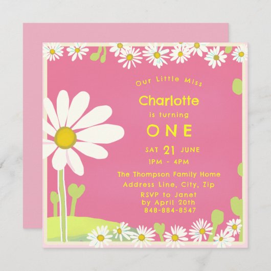 スウィートガーリーデイジーバブルガムピンクイエロー誕生日 招待状 (正面/裏面)