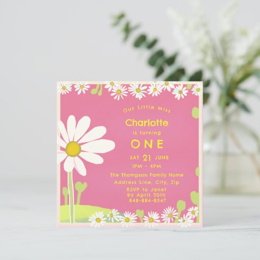 スウィートガーリーデイジーバブルガムピンクイエロー誕生日 招待状 (スタンド正面)