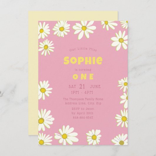 スウィートガーリーデイジーバブルガムピンクファースト誕生日 招待状 (正面/裏面)