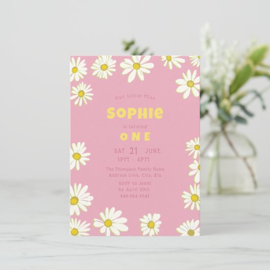 スウィートガーリーデイジーバブルガムピンクファースト誕生日 招待状 (スタンド正面)