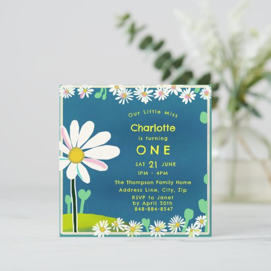 スウィートガーリーデイジーブルーイエロー誕生日招待状 招待状 (スタンド正面)