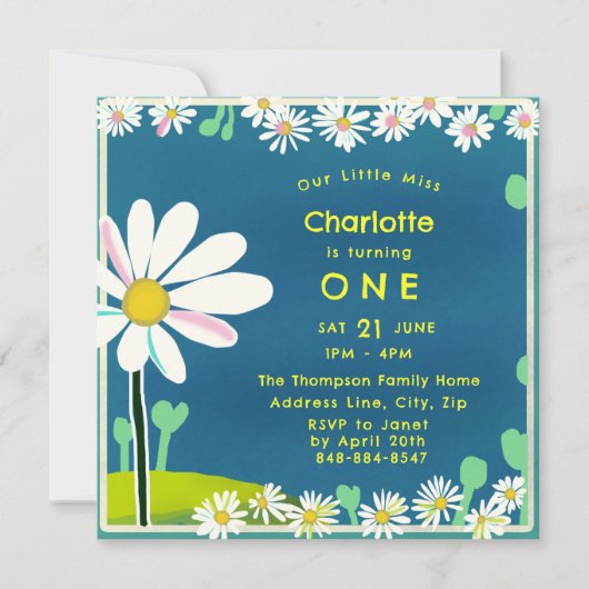 スウィートガーリーデイジーブルーイエロー誕生日招待状 招待状 (正面)