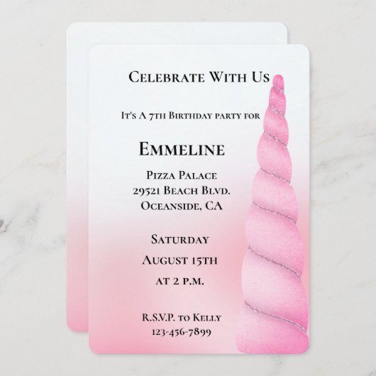 スウィートガーリーピンクホワイトユニコーン誕生日 招待状 (正面/裏面)
