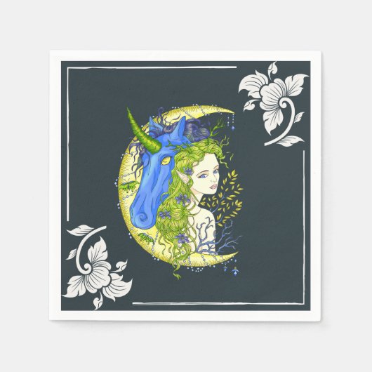 スウィートガールとユニコーンスケッチ スタンダードカクテルナプキン (正面)