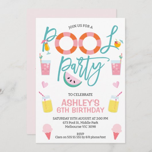 スウィートガールズサマープールパーティー誕生日招待状 招待状 (正面/裏面)