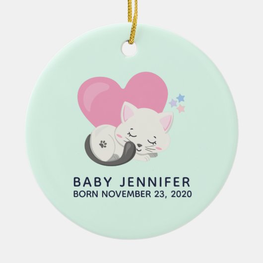 スウィートキティ猫と寝るハートベビー誕生 セラミックオーナメント (正面)