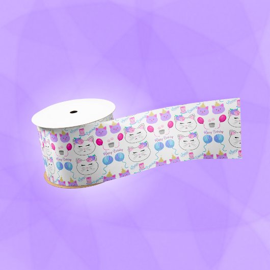 スウィートキャット顔ハッピーバースデーお祝い サテンリボン